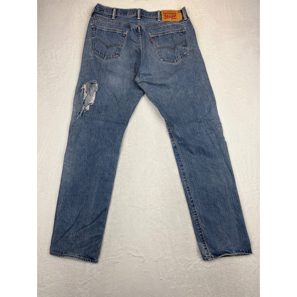 Levis 501 Mens 38x32 Jeans Grungy Distressed Medium Wash Vintage Back Hole Fade - Picture 4 of 10